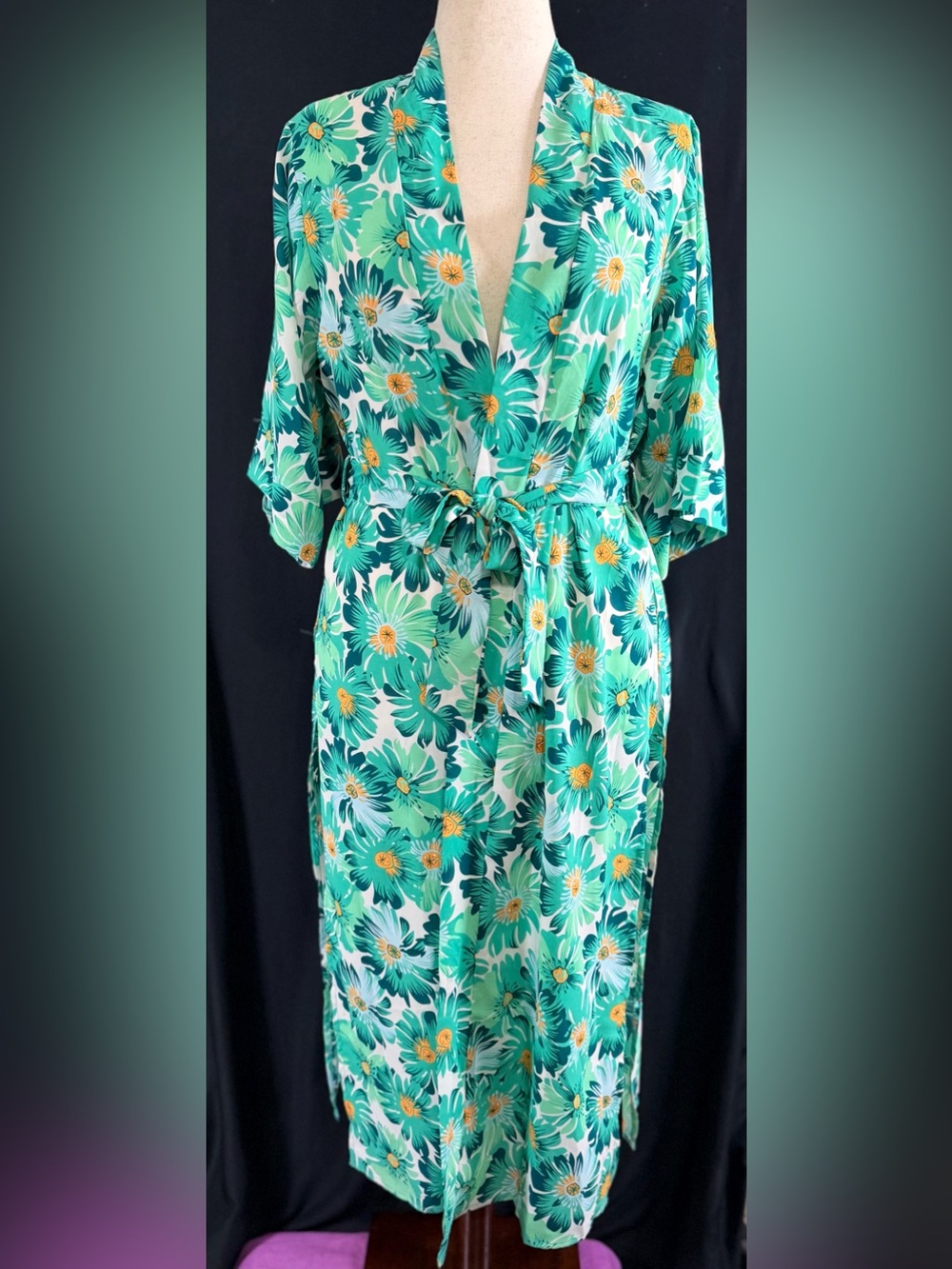 Lulu's Robe Teal & Yellow Floral Tie-Waist Maxi XS High Side Slits lightweight